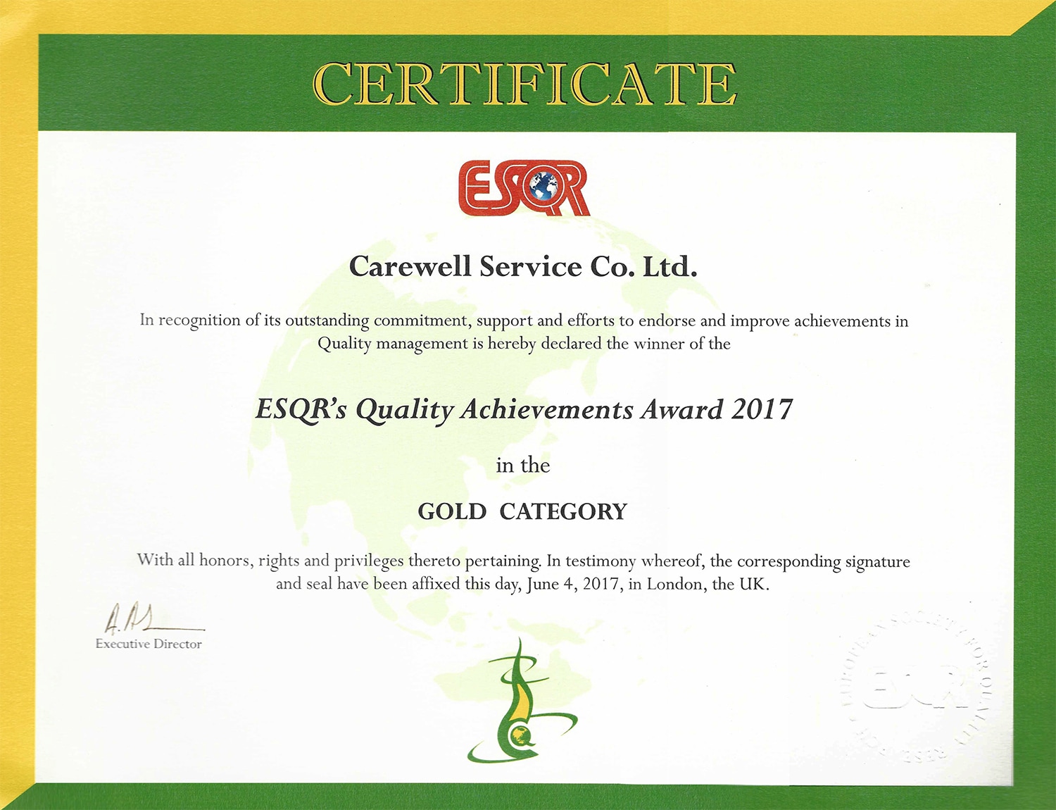 Quality Achievements Award 2017 Certificate